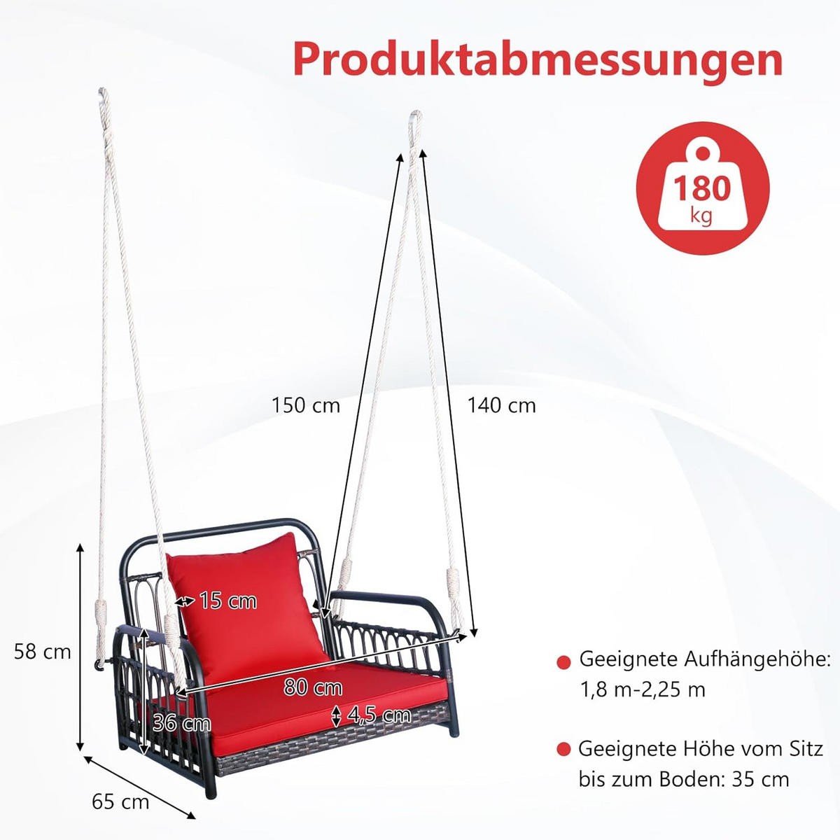 TERRASSENSCHAUKEL ‎Rot - Rot, Metall (80/57.5/65cm) - COSTWAY