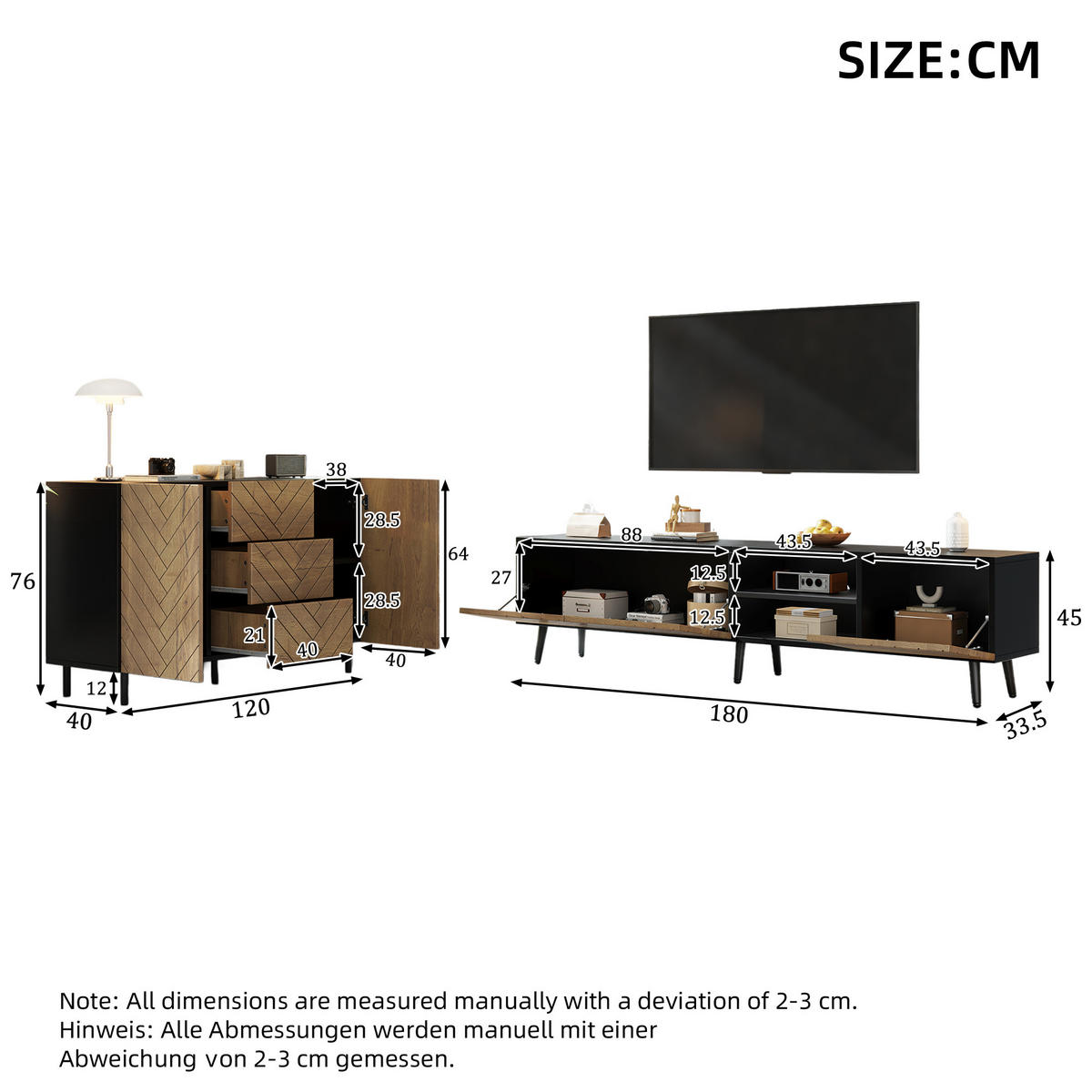 WOHNZIMMER-SET in Holzfarbe Wohnzimmermöbelset mit Lowboard und Sideboard für Wohnzimmer - Schwarz/Naturfarben, Holzwerkstoff/Metall (180/45/33.5cm) - STILVORA