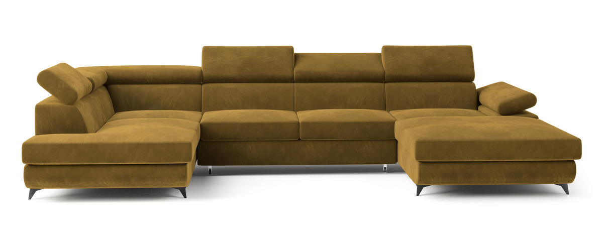 WOHNLANDSCHAFT RUBANO L-S Gelb Velours-Stoff mit Schlaffunktion - Gelb, Holz (339/89/190cm) - MASSENO