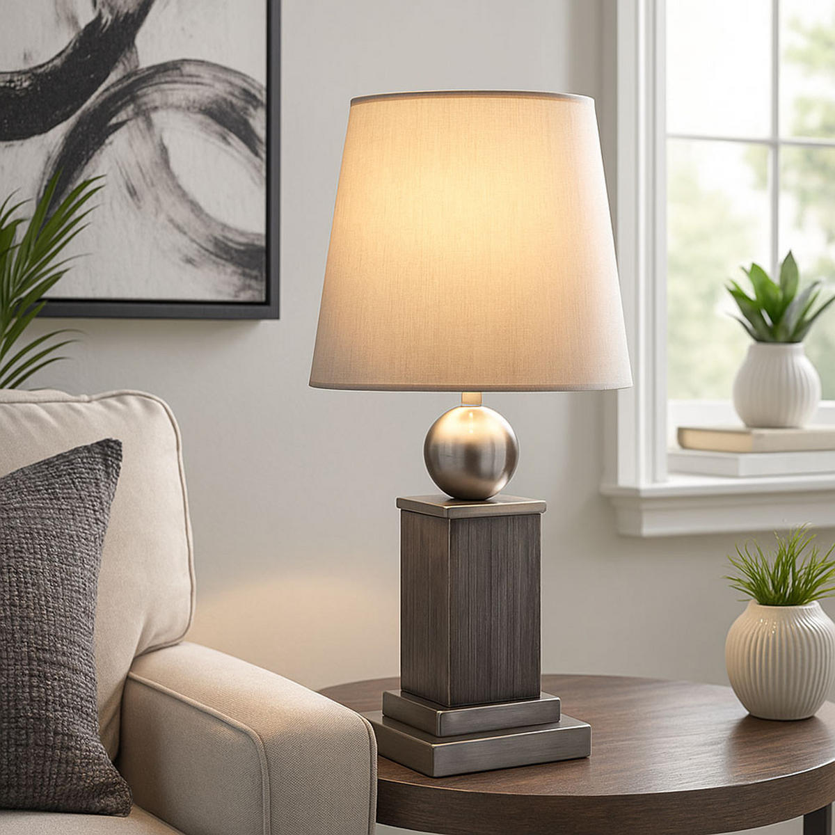 TISCHLEUCHTE ROLLO Holzoptik Grau - Grau, Holz (15/15/34cm) - Globo Lighting