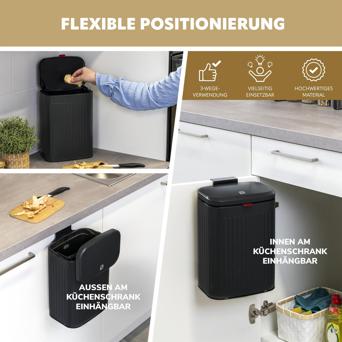 ABFALLEIMER Metall, 6 Liter schwarz - Schwarz, Metall (22.5/31/16.5cm) - eluno