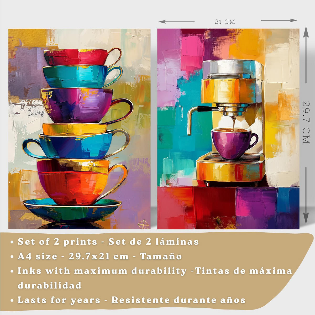 POSTER 2er Set Küchen-Wandbilder Kaffeetassen und Espressomaschine Pop Art Bunt Esszimmer Wanddeko Rahmenlos A4 - Weiß, Papier (29.7/1/21cm) - Nacnic