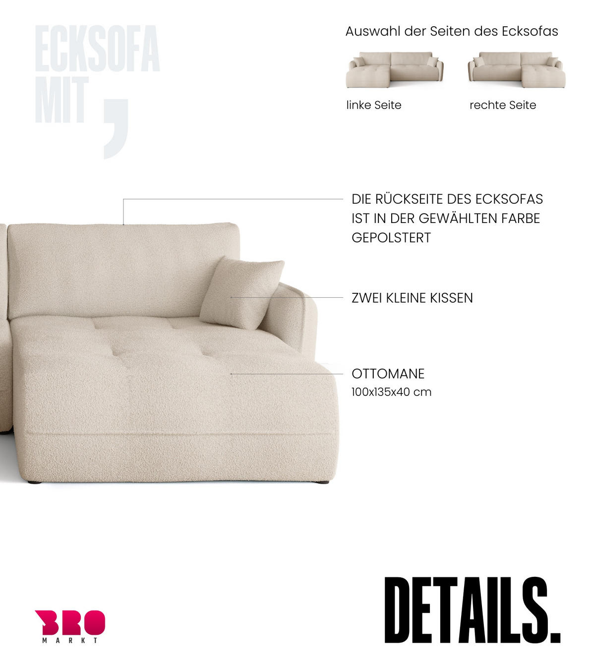 ECKSOFA CLAUDIO mit Schlaffunktion Ecru - Ecru, Textil (263/150cm) - Bromarkt