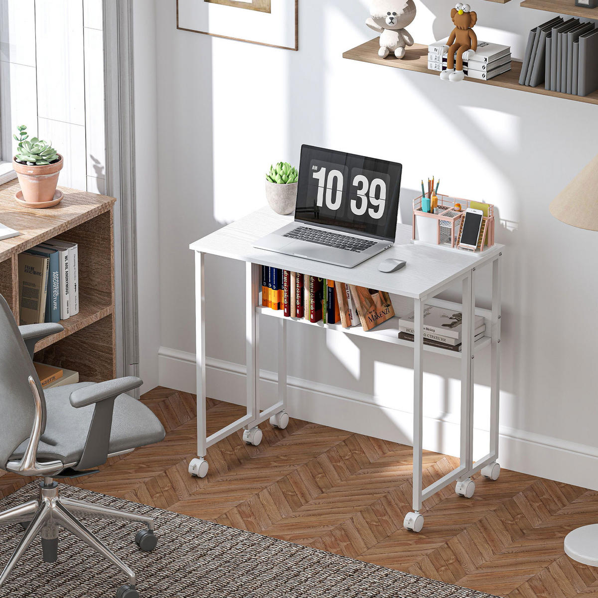 SCHREIBTISCH Weiß klappbar mit Rollen und Ablagefach 80/50/75 cm - Weiß, Holzwerkstoff (50/80/75cm) - PANGIVO