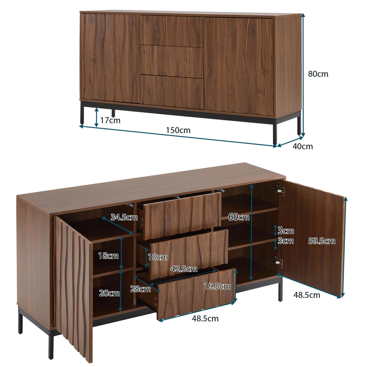 SIDEBOARD mit verstellbaren Regalen und Metallbeinen - Braun, Holzwerkstoff (150/80/40cm) - Urban Meuble