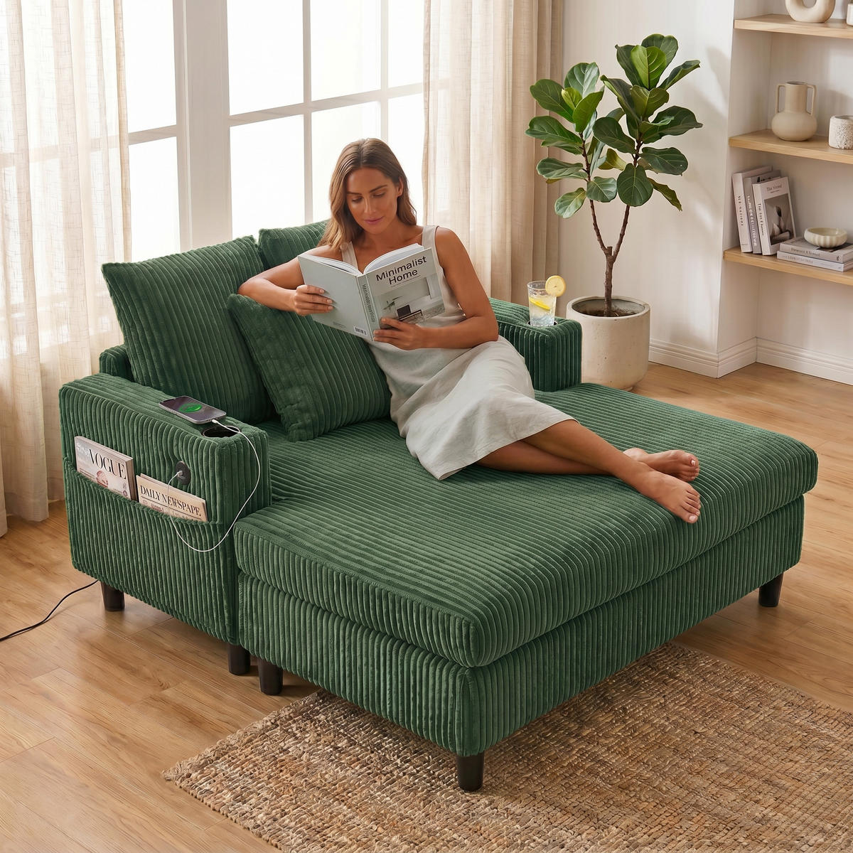 RELAXLIEGE XXL Polsterliege,Relaxsessel,3 Zierkissen,Cord,Grün - Grün, Textil (128/85/142cm) - LVHOM