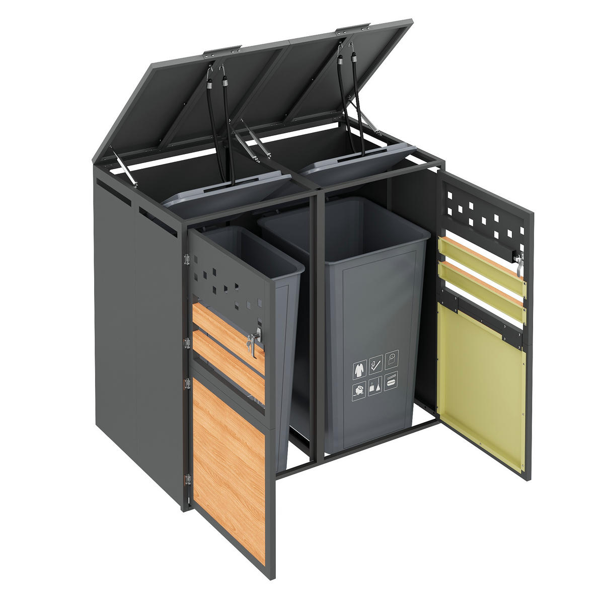 MÜLLTONNENBOX aus Stahl in Grau/Holzoptik mit hydraulischem Klappdeckel 132x80x120 cm - Grau, Metall (132/120/80cm) - Modfu
