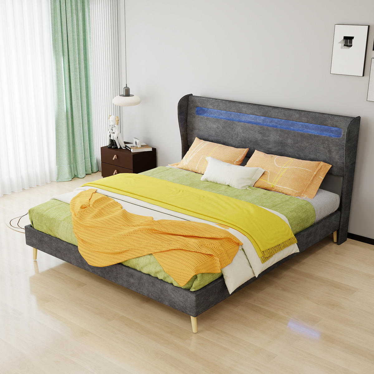 POLSTERBETT 160/200 cm mit verstellbarer Rückenlehne und LED-Beleuchtung, Grau - Grau, Textil (160/200cm) - Redom