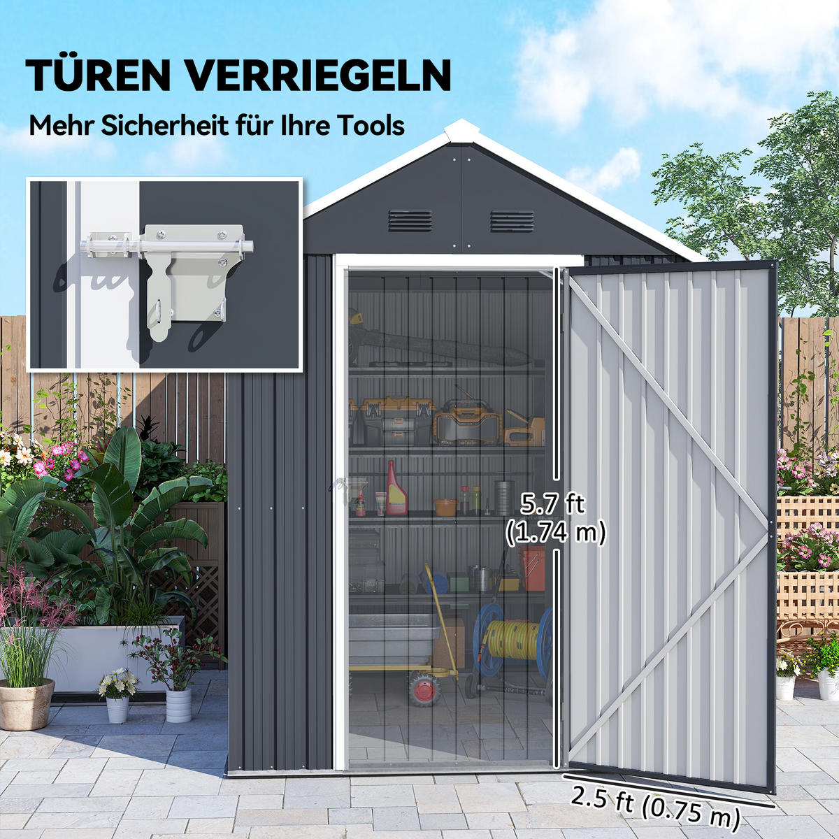 GERÄTEHAUS Stahl 4㎡ Geräteschuppen mit Fenster Gartenhaus 259x172x222 cm - Dunkelgrau, Metall (172/222/259cm) - Outsunny