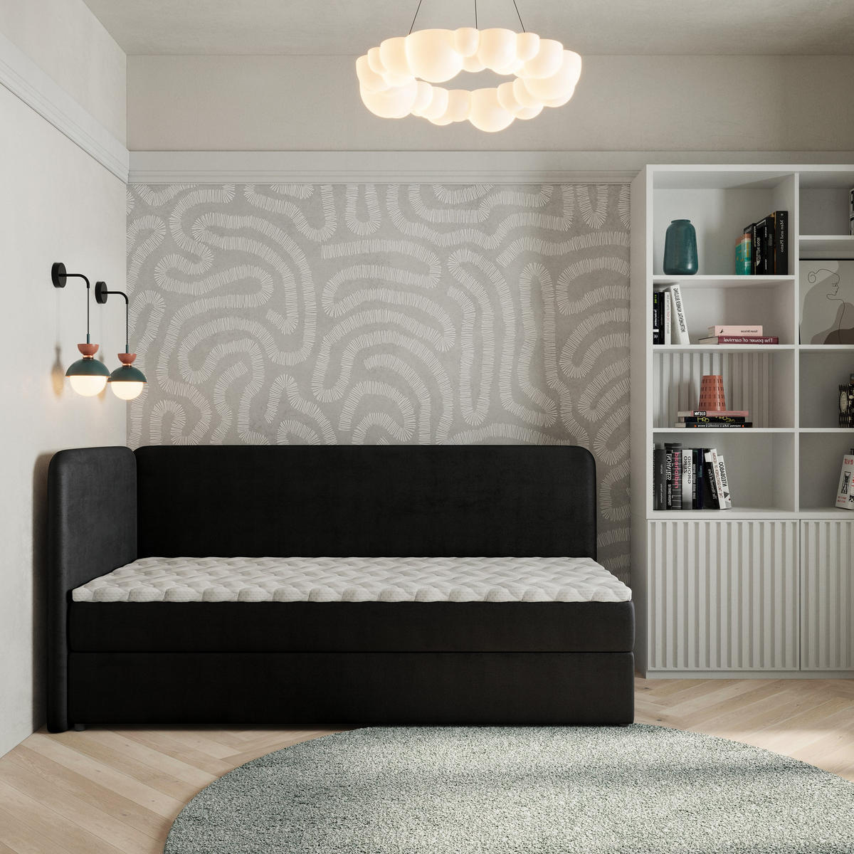 BOXBETT GINA 80x200 cm mit Matratze und Topper, H2+H3 - Schwarz - Schwarz, Holz (80/200cm) - MASSENO