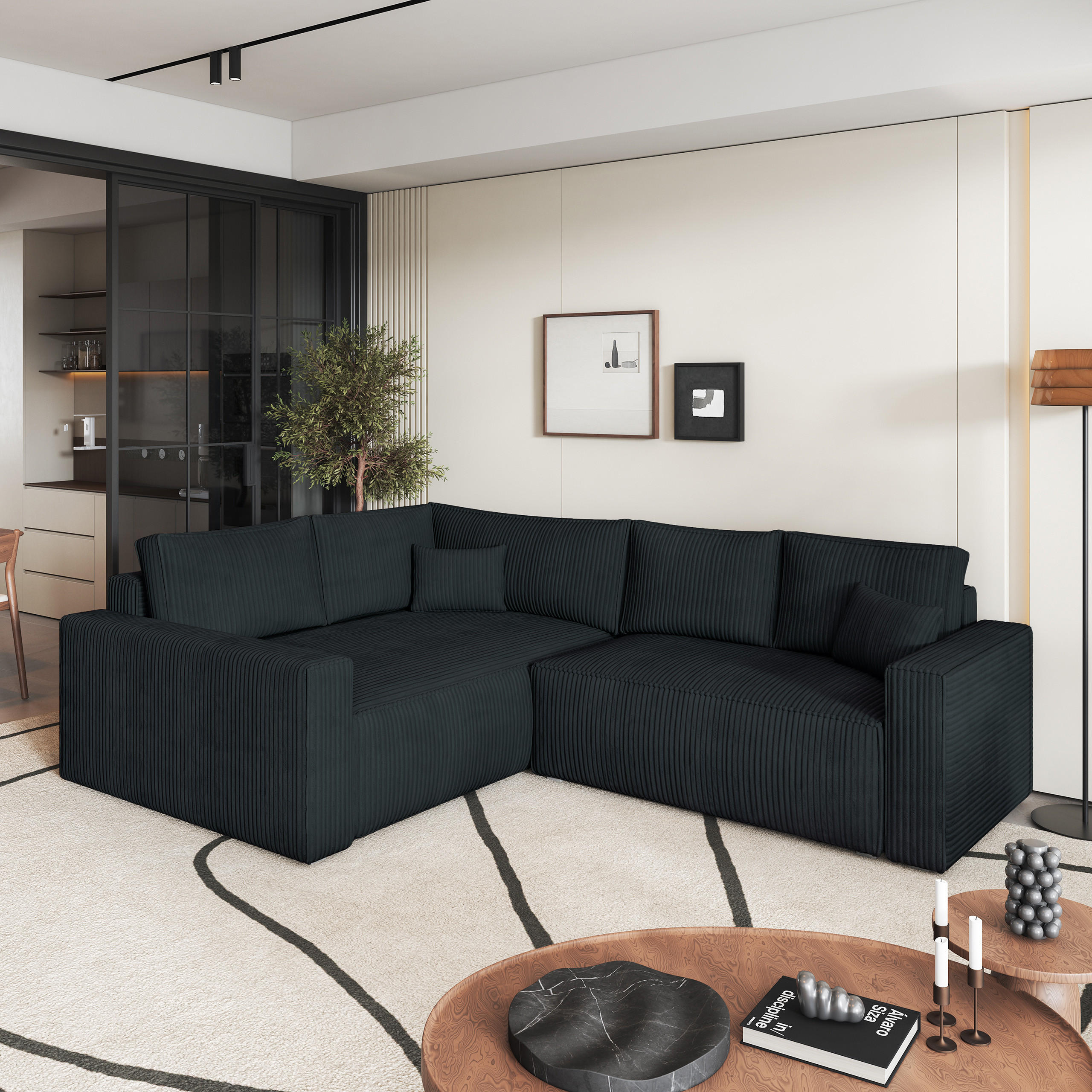 ECKSOFA ERONIS L-S Schwarz Kordstoff mit Schlaffunktion - Schwarz, Holz (265/194cm) - MASSENO