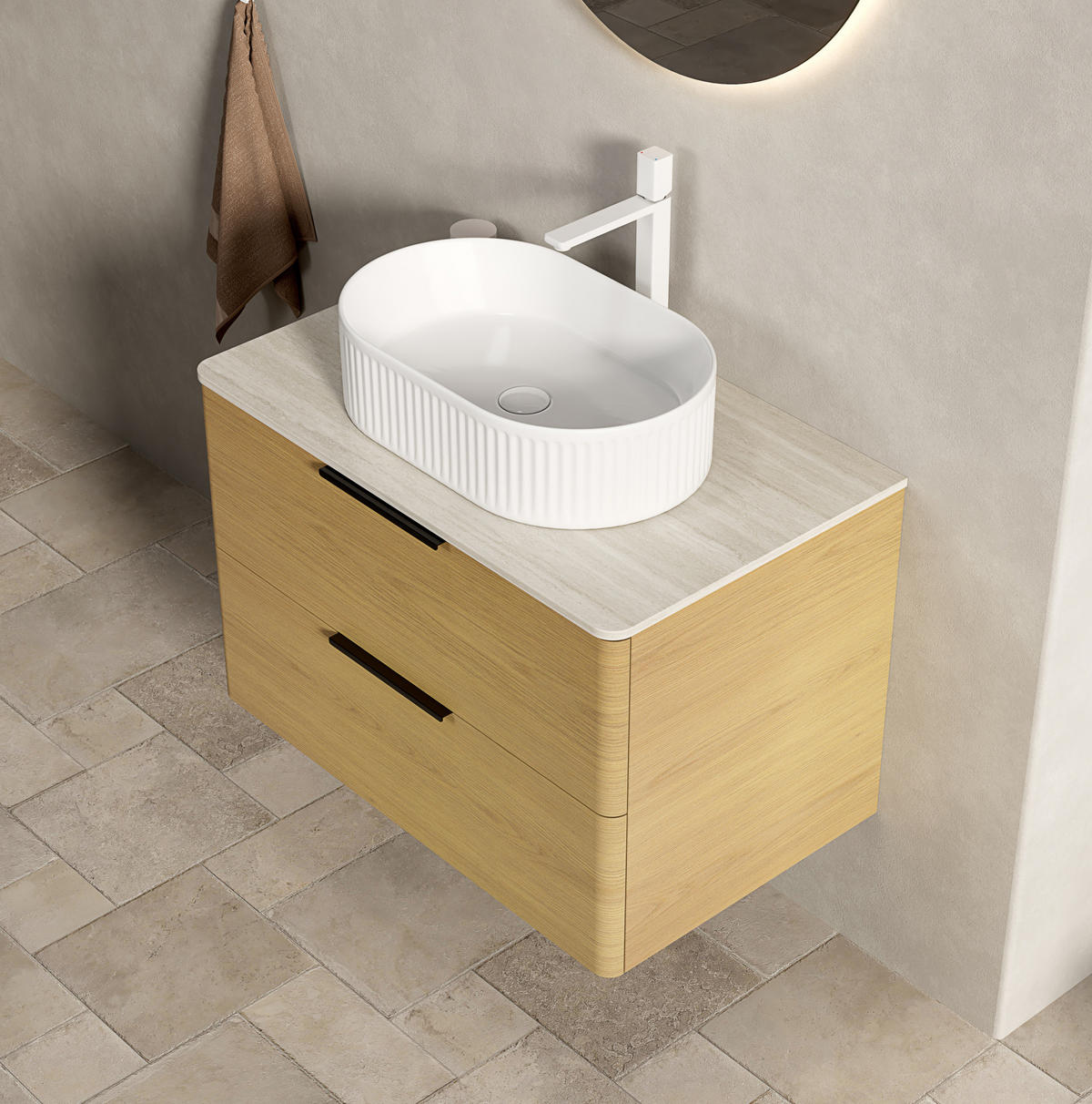 WASCHTISCHUNTERSCHRANK 75x46x62.2cm Beige/Eiche/Weiß mit ovalem Keramikbecken & Travertin-Arbeitsplatte - Eichefarben, Keramik (75/62.2/46cm) - Modfu