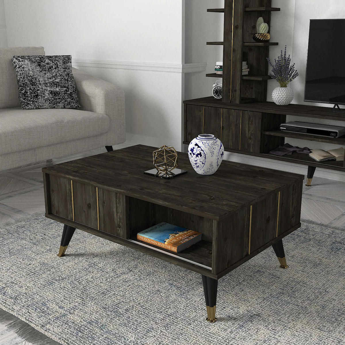 COUCHTISCH Nero Rebab Braun Dunkelgrau - Dunkelgrau/Goldfarben, Holzwerkstoff/Kunststoff (60/90/40cm) - moebel17