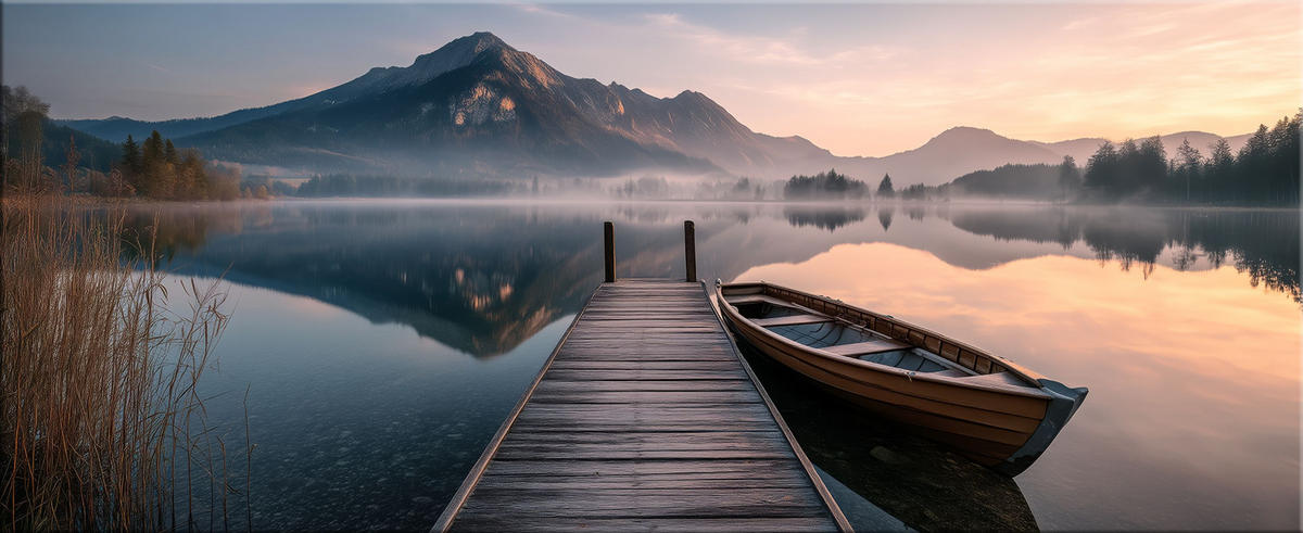 GLASBILD 125x50 cm Landschaft Berge See - Beige, Glas (125/50cm) - artissimo