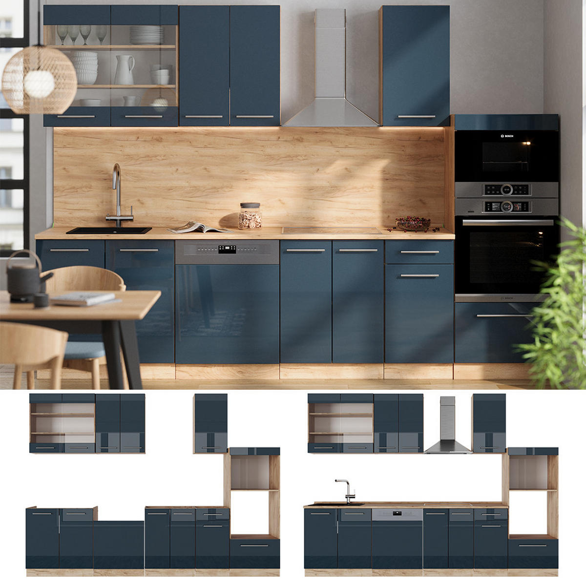 KÜCHENZEILE Fame-Line Dunkelblau Hochglanz/Goldkraft Eiche 300 cm AP Anthrazit - Eiche Wotan/Dunkelblau, Holzwerkstoff (300/81.6/60cm) - Vicco