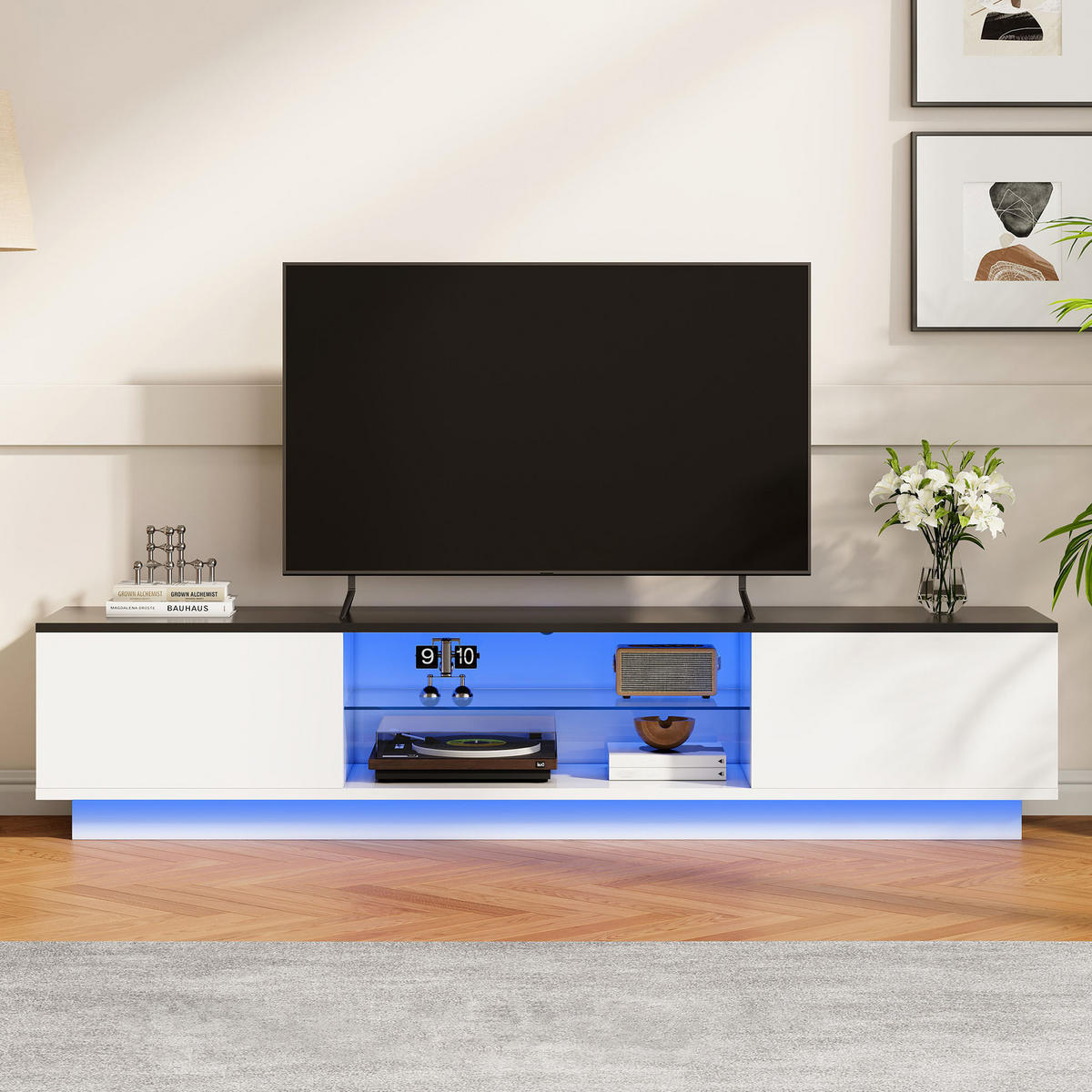 TV LOWBOARD 160x32x35 cm LED 16 Farben Türen Holz weiß schwarz - Weiß, Holz (160/42/32cm) - LEBENLANG