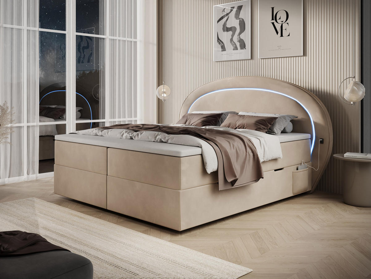 BOXBETT Orion 2 beige 200/200 cm mit LED H3 - Beige, Textil (200/200cm) - wonello