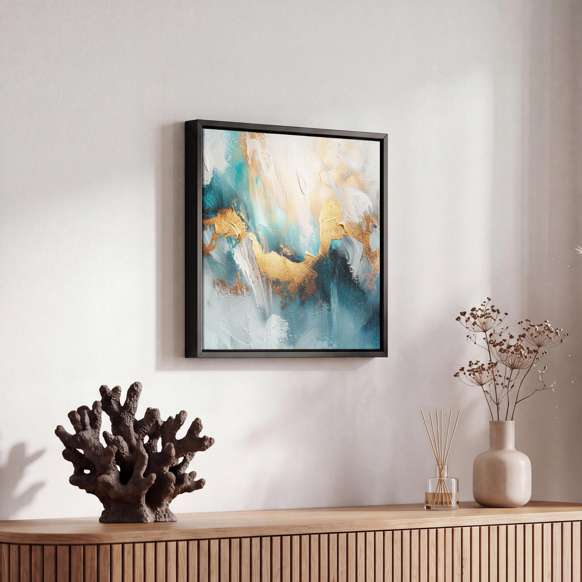 LEINWAND Bilder mit Rahmen - Abstrakt - Kunst - Gold - Blau - 20x20 - Petrol, Textil (20/20cm) - MuchoWow