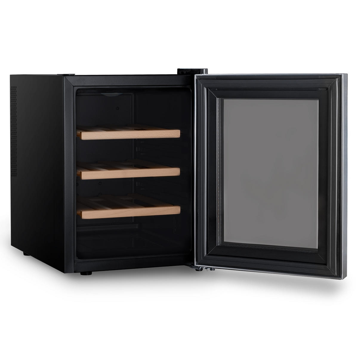 WEINKÜHLSCHRANK CAVS12 Schwarz und Silber, 12 Flaschen, 11°C bis 18°C, Digitales Bedienfeld, Leise, 3 Holzböden - Schwarz, Metall (26.2/36/30.5cm) - Les Petits Champs