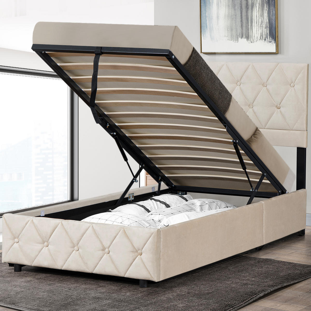 POLSTERBETT 90/190 cm in Beige Samt mit Bettkasten, hydraulischem Doppelhub-System und Lattenrost - Beige, Holzwerkstoff/Textil (90/190cm) - CHICFURN