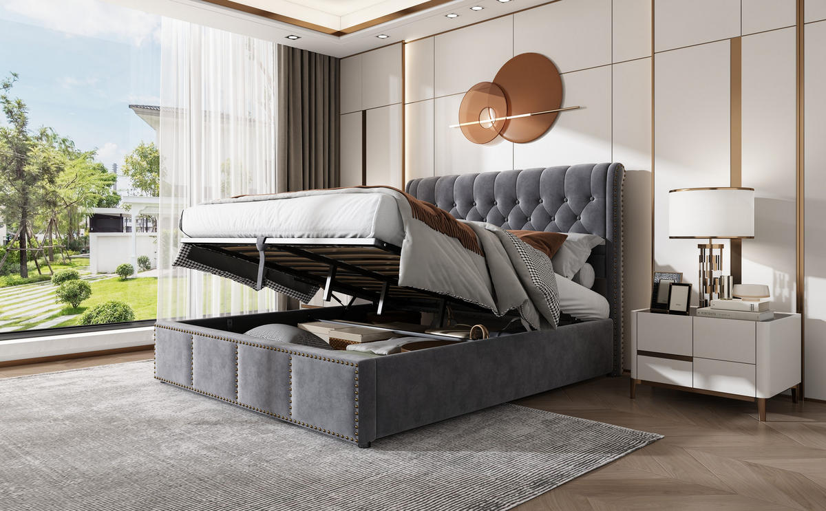 POLSTERBETT 140/200 cm Grau mit Hydraulikbettkasten und Nietenverzierung - Grau, Textil (140/200cm) - OKWISH