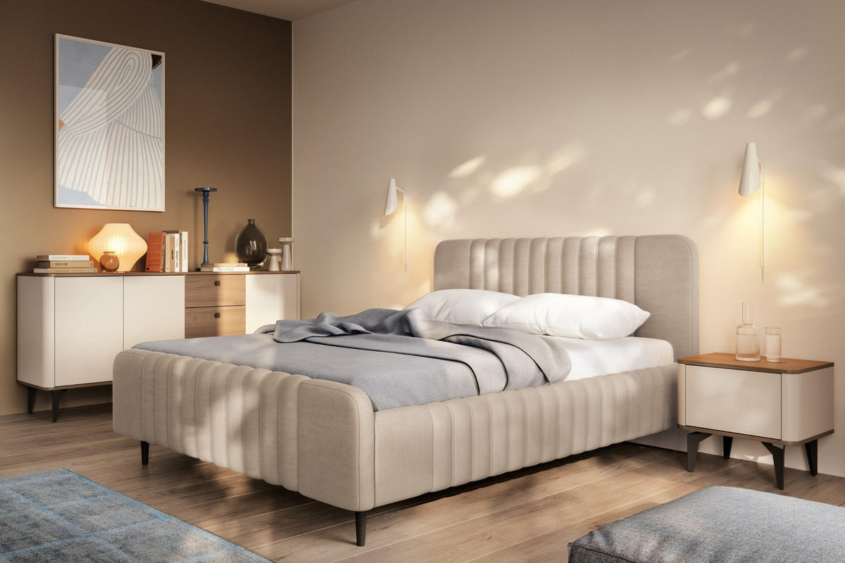 POLSTERBETT AURO 12 120/200 cm in Velours Beige - Beige, Holzwerkstoff (120/200cm) - Deine Möbel 24
