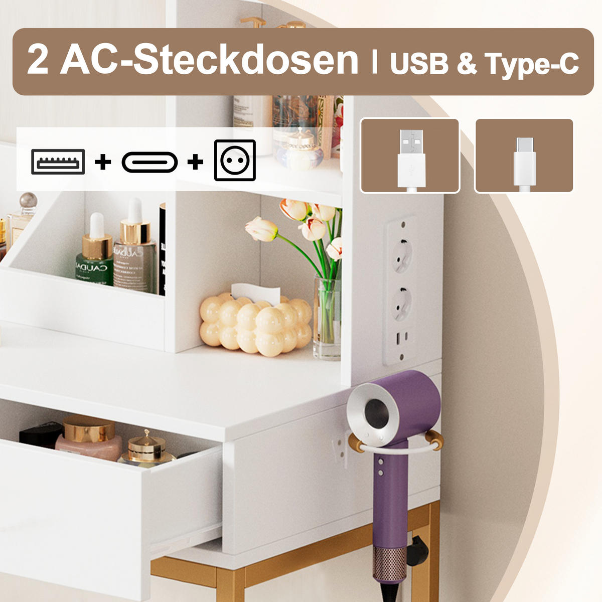 SCHMINKTISCH in Weiß Frisiertisch mit LED-Spiegel, Steckdosen, Hocker & Goldbeinen, 2 Schubladen, für Schlafzimmer, B138.5/T40/H80cm - Goldfarben/Weiß, Holzwerkstoff/Metall (80/138.5/40cm) - STILVORA