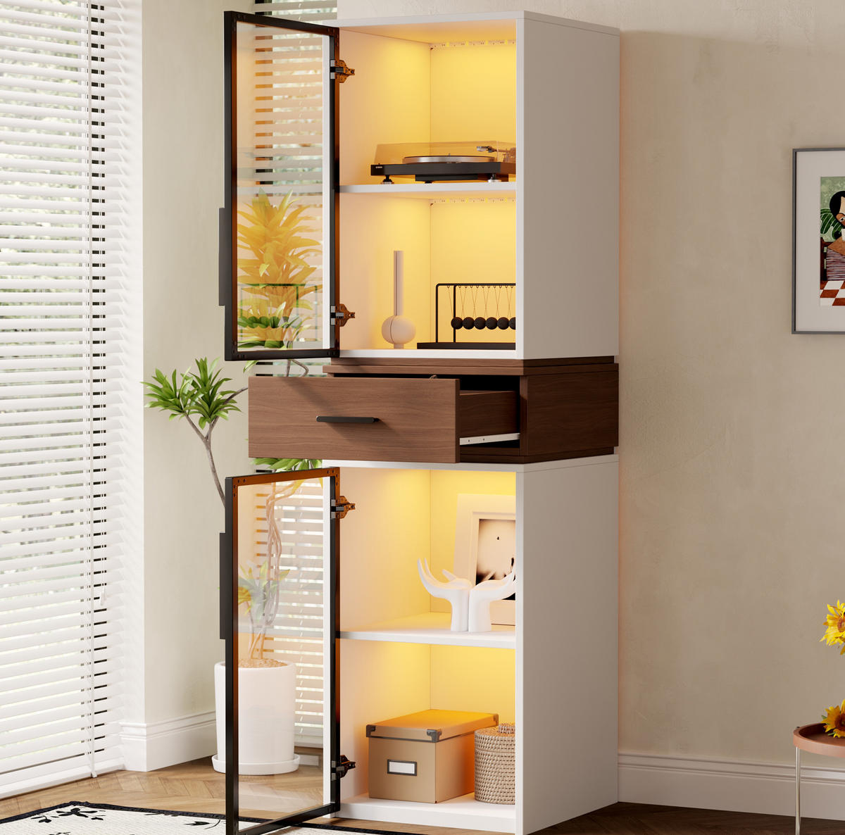 HIGHBOARD mit Glastüren und LED 40/40/200 cm in Weiß mit Schublade - Weiß, Holzwerkstoff (40/200/40cm) - BEAOK