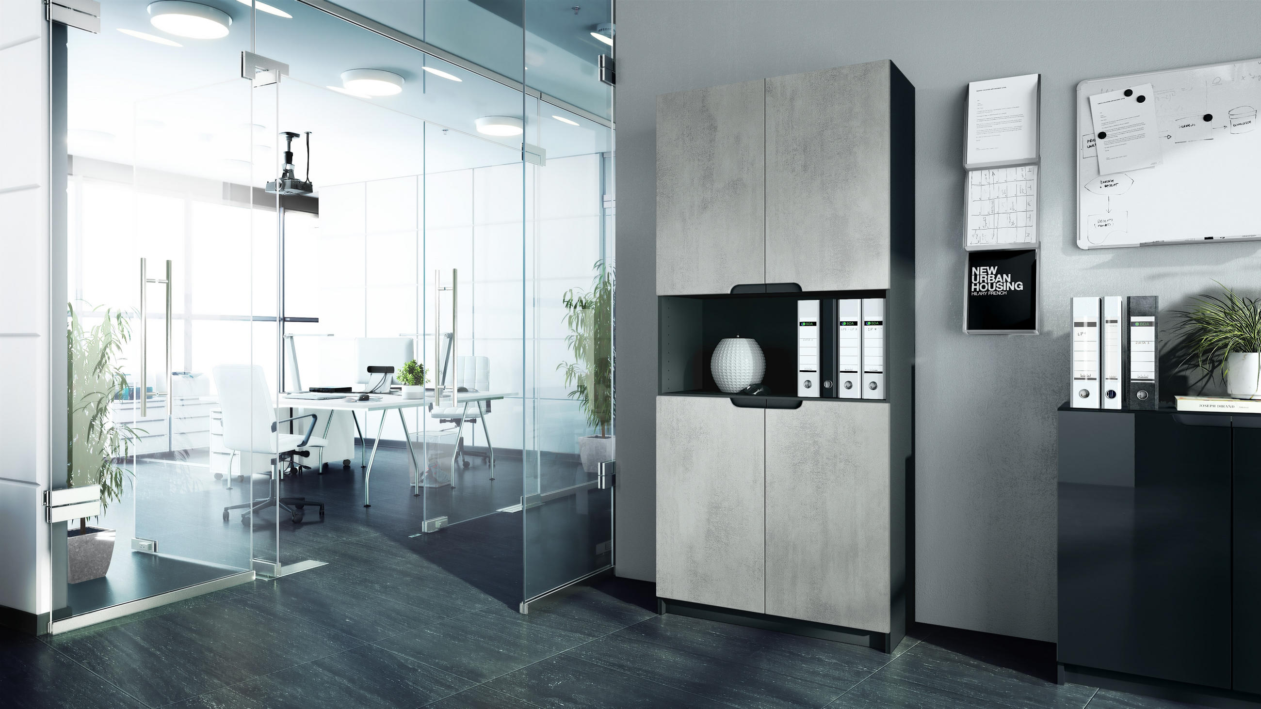 BÜROSCHRANK Logan Fronten in Beton Oxid Optik - Hellgrau, Holzwerkstoff (82/184/37cm) - Vladon