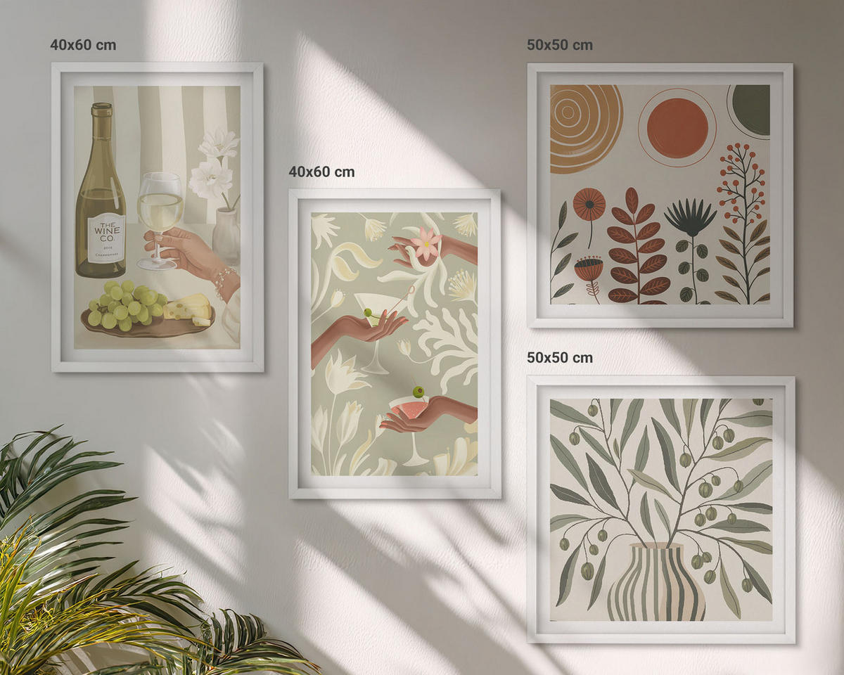 BILDER SET 4er Set - 50x50 cm & 40x60 cm Weißer Rahmen - Rustikale Cocktails mit Olivenblüten - Weiß, Kunststoff (50/50cm) - TULUP