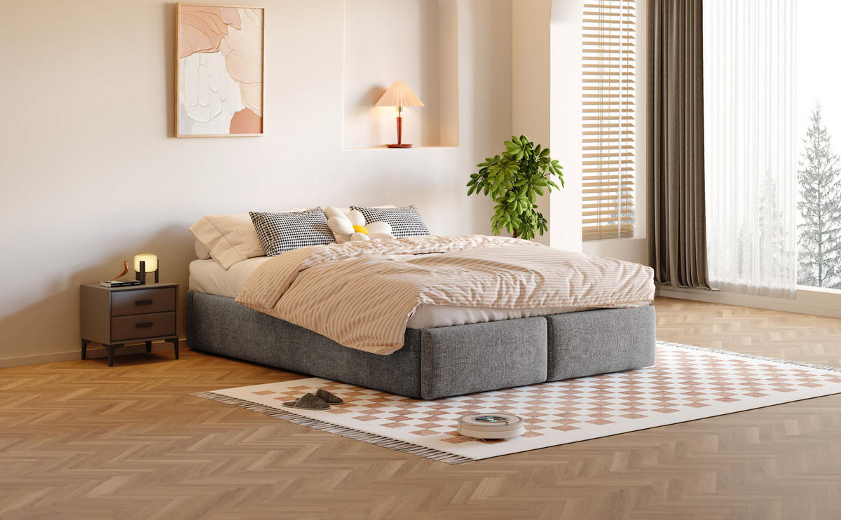 POLSTERBETT 140/200 cm Grau aus Leinen mit Stauraum - Grau, Textil (140/200cm) - OKMYHOME
