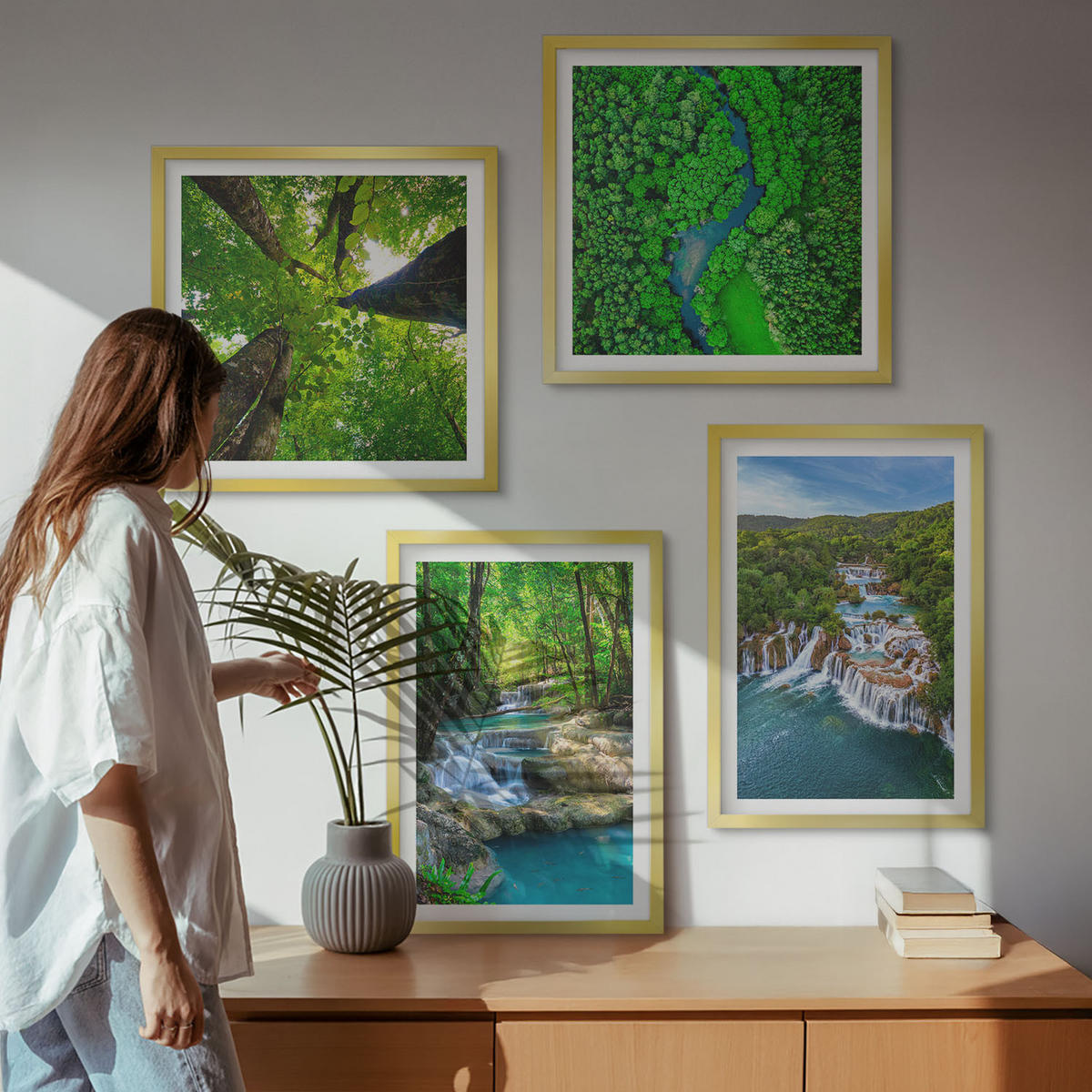 BILDER SET 4er Set - 50x50 cm & 40x60 cm Goldrahmen - Wasserfälle grüner Wald Wasser - Goldfarben, Kunststoff (50/50cm) - TULUP