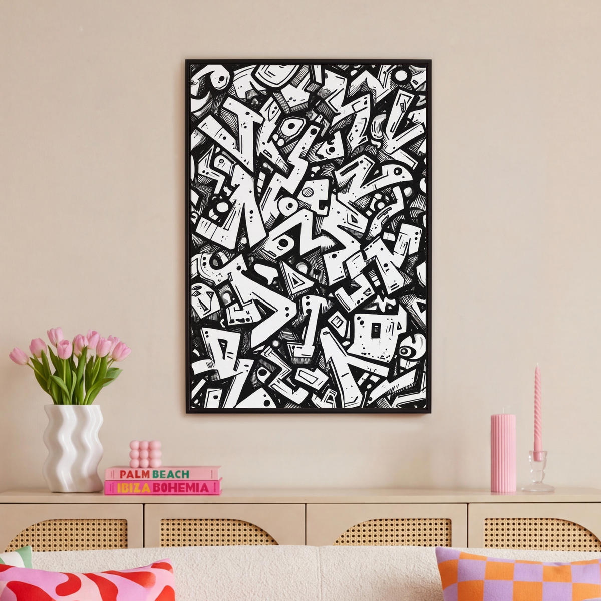 LEINWAND Bilder mit Rahmen - Formen - Buchstaben - Graffiti - Schwarz - 60x90 - Schwarz, Textil (60/90cm) - MuchoWow