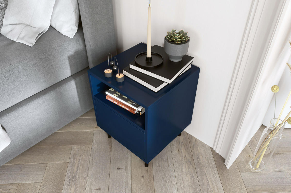 NACHTTISCH Mirka, Marinblau, Push to Open System, Minimalistisch - Schwarz/Dunkelblau, Holzwerkstoff/Metall (40/47/40cm) - Dancan