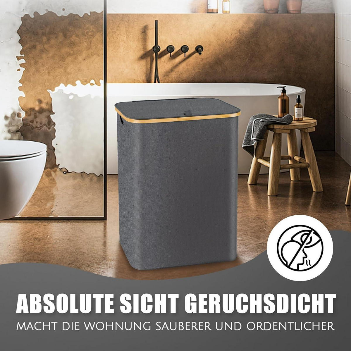 WÄSCHEKORB mit Deckel 145L 3 Fächer Dunkelgrau - Anthrazit, Textil (37/69/57cm)