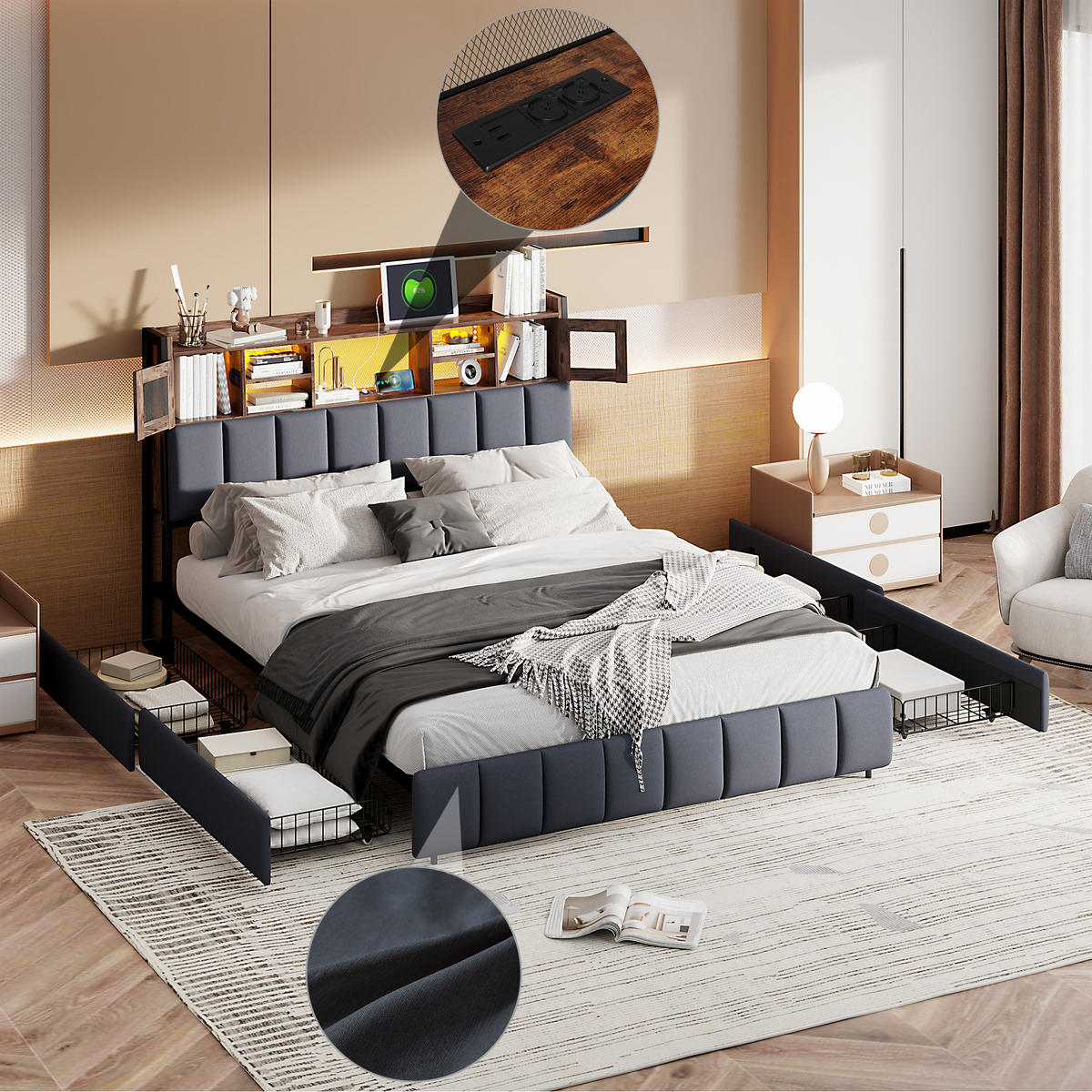 POLSTERBETT 140x200 cm, Schwarz, LED-Beleuchtung - Schwarz, Textil/Metall (140/200cm)