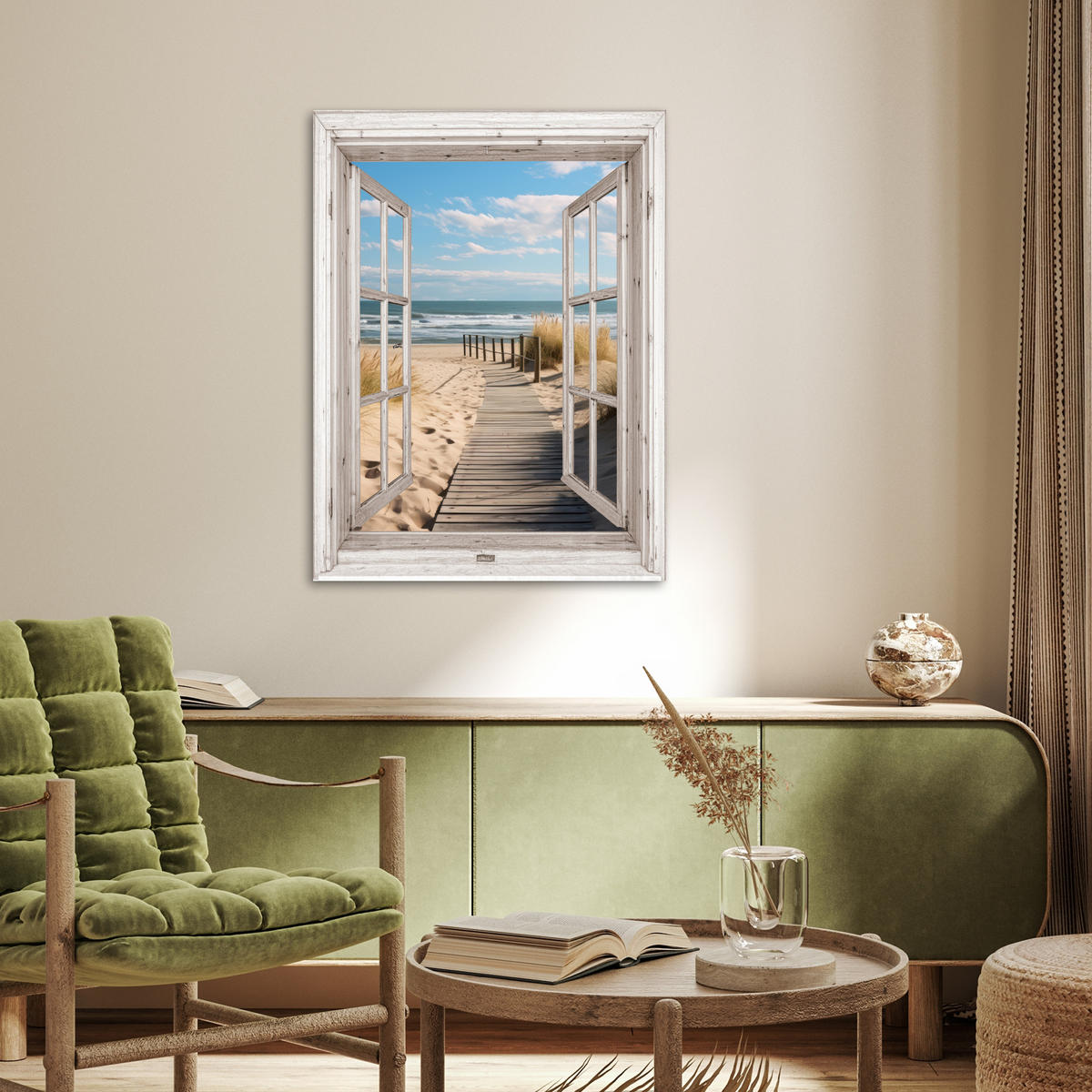 POSTER Fenster - Meer - Küste - Natur - Ausblick - Strand - Wattenmeer 60x80 cm - Beige, Papier (60/80/0.1cm) - MuchoWow