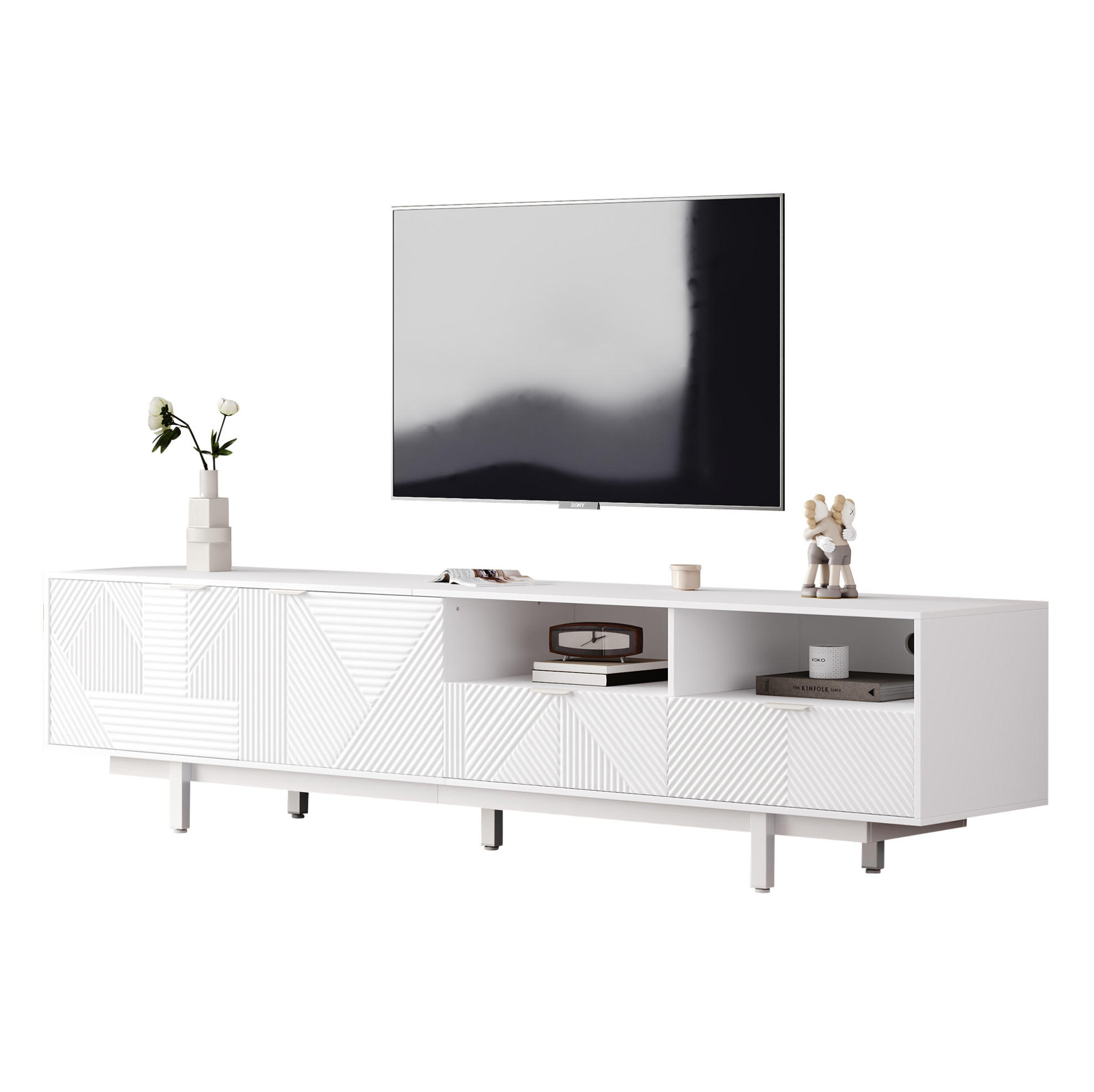 TV-LOWBOARD aus Spanplatte 200x40x51 cm Weiß mit Stauraum, Kabelmanagement und geometrischer Front - Weiß, Holzwerkstoff (200/51/41cm) - Modfu