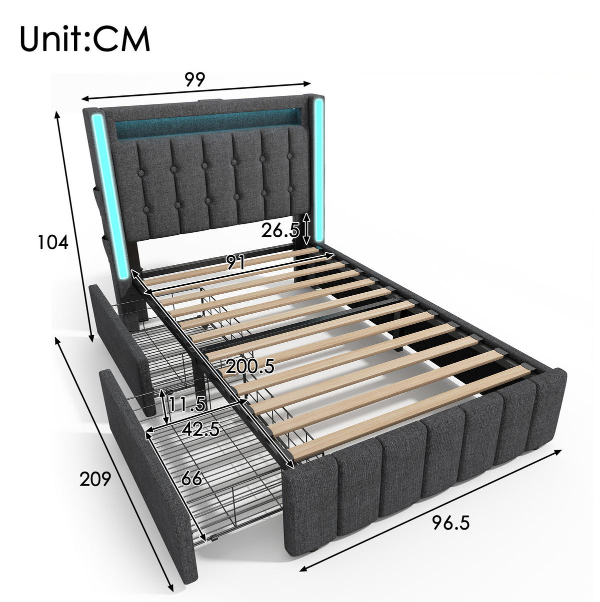 POLSTERBETT 90/200 cm Grau aus Leinen mit LED-Beleuchtung, Ladefunktion und 2 Schubladen - Grau, Textil (90/200cm) - OKMYHOME