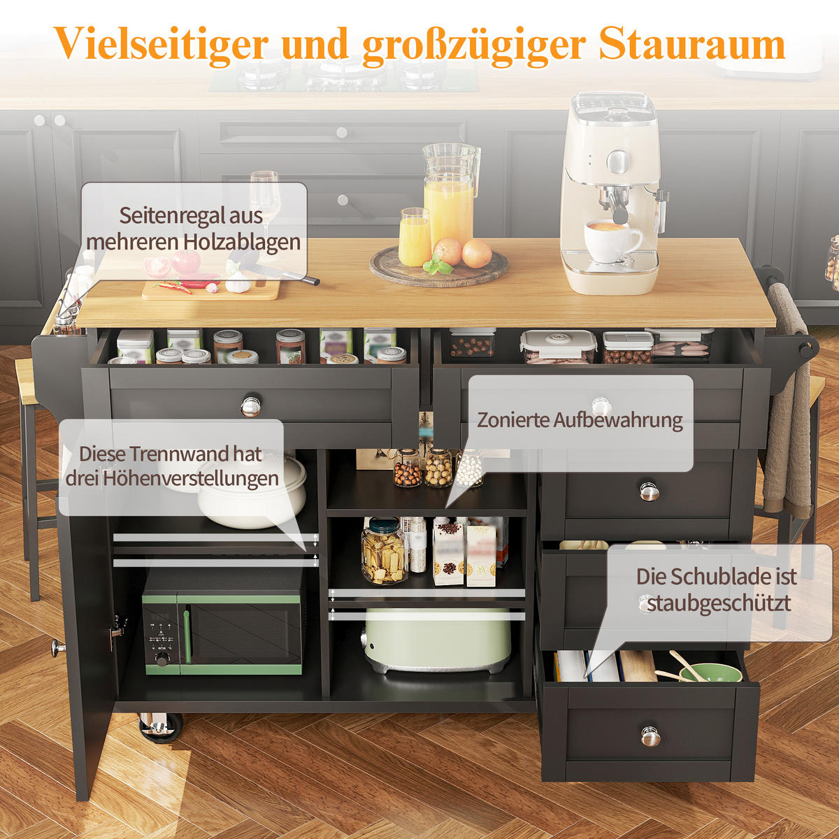KÜCHENWAGEN mit Rollen 134/46/92 cm Schwarz mit 5 Schubladen, Schrank und Gewürzregal - Schwarz, Holz/Holzwerkstoff (134/92/46cm) - Oxeza