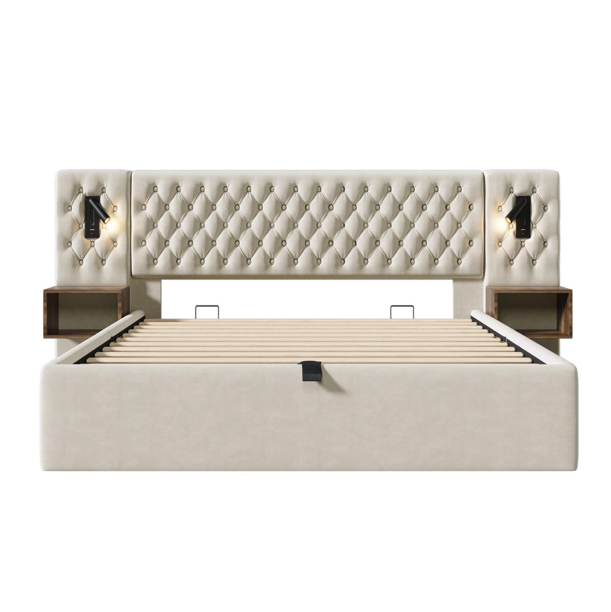 POLSTERBETT 160/200 cm aus Samt mit 2 Nachttischen, Leselicht, USB/Type-C, Bettkasten und Matratze, Beige - Beige, Textil (160/200cm) - Redom