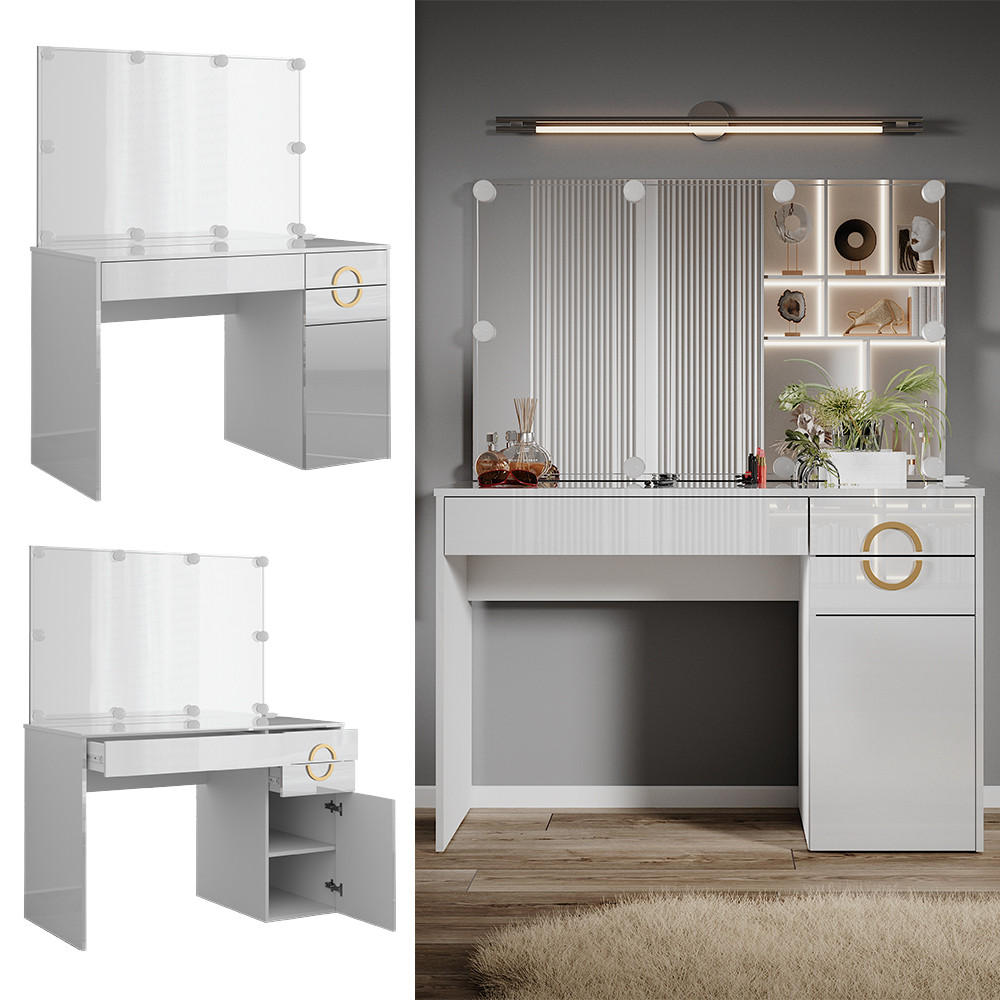 SCHMINKTISCH Adela Weiß 115 cm mit LED Beleuchtung - Weiß, Holzwerkstoff (115/76.4/55cm) - Vicco