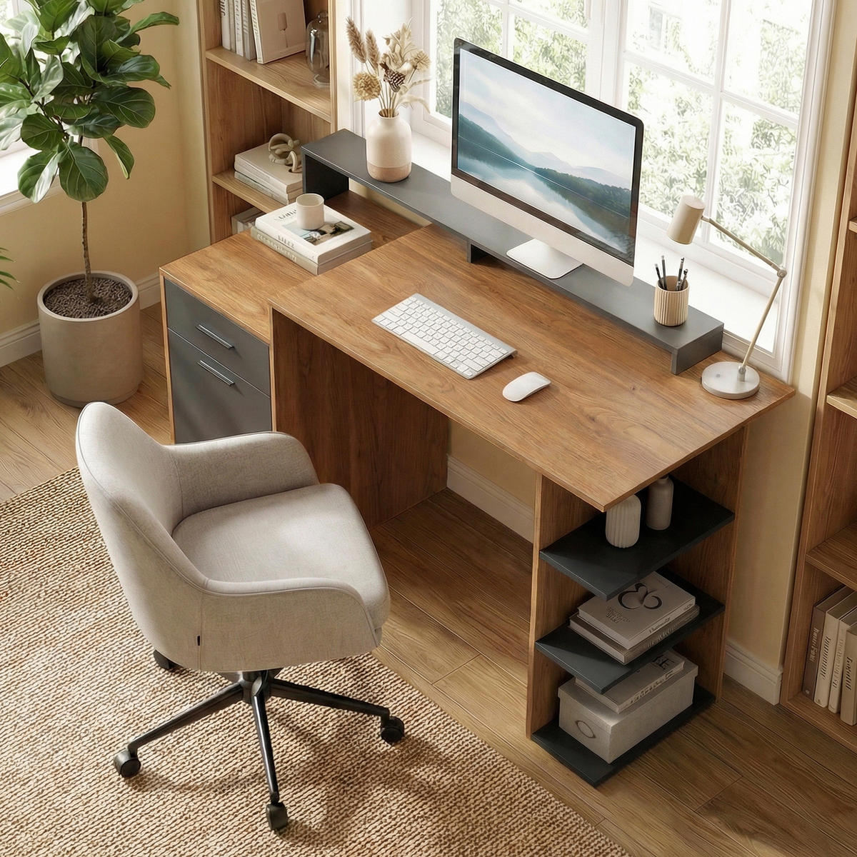 COMPUTERTISCH Spanplatte MDF Eiche - Eichefarben, Holzwerkstoff (140/60/82cm) - HOMCOM