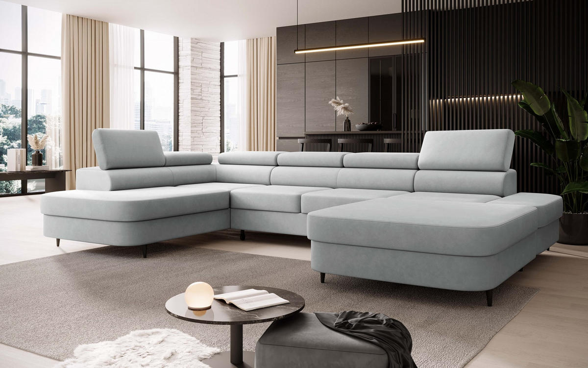 ECKSOFA U-Form PRIAM U Links mit Schlaffunktion 126x270 Velours Hellgrau - Hellgrau/Schwarz, Holz/Textil (350/91/203cm) - Muffo