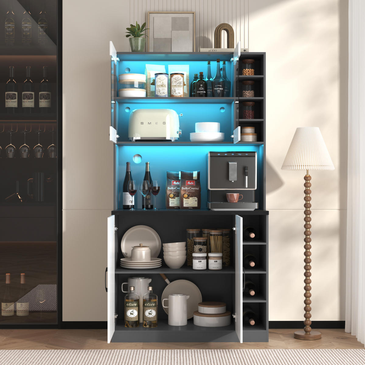 BUFFET 100/47/187 cm grau/weiß aus MDF mit LED-Beleuchtung - Weiß, Holzwerkstoff (100/187/47cm) - OKWISH