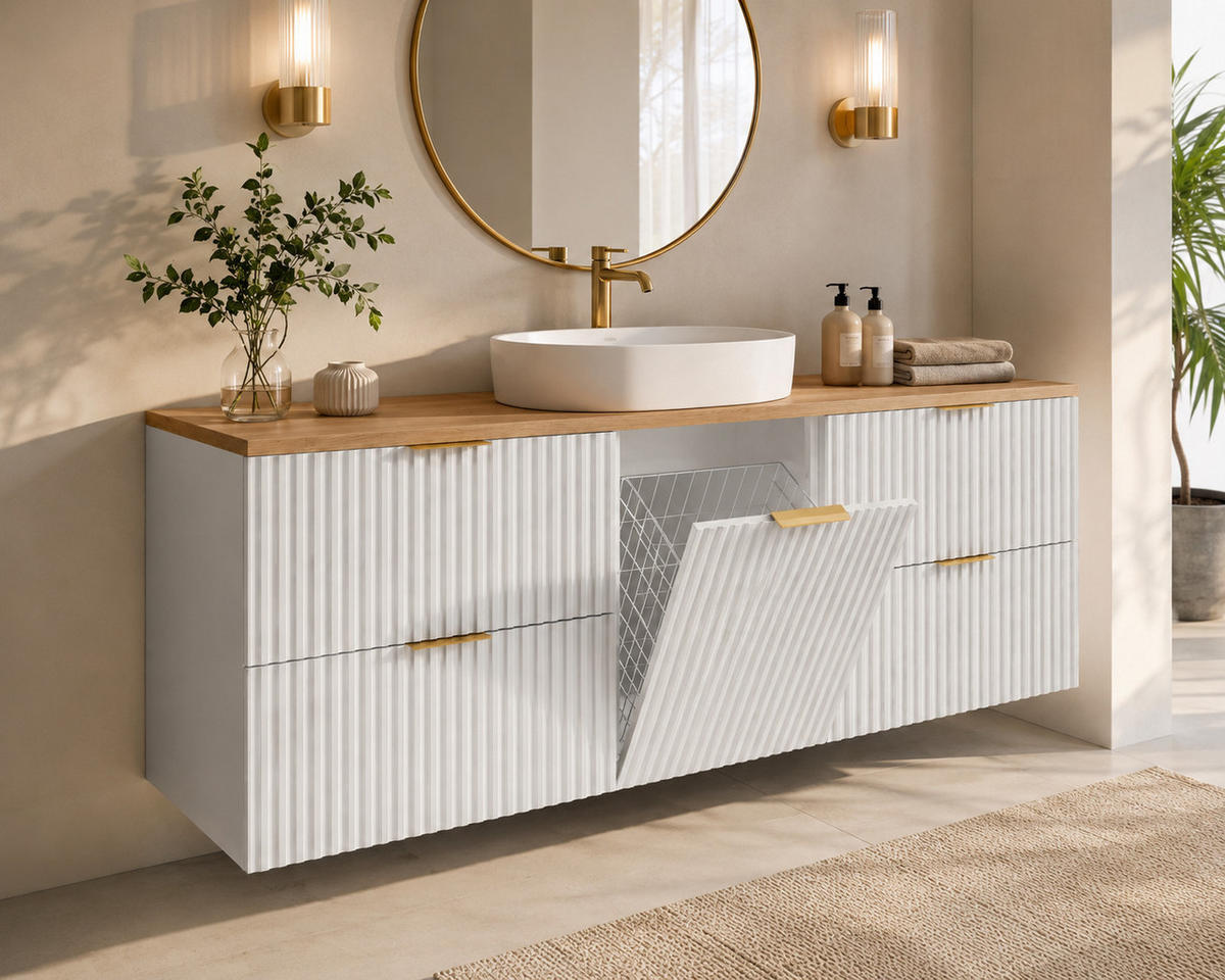 BADMÖBEL-SET MIT WÄSCHEKORB: Weiß / Platte Eiche Hell, Griffe Gold, 160 x 46 x 57 cm - Eichefarben/Weiß, Holzwerkstoff (160/57/46cm) - 3XE LIVING