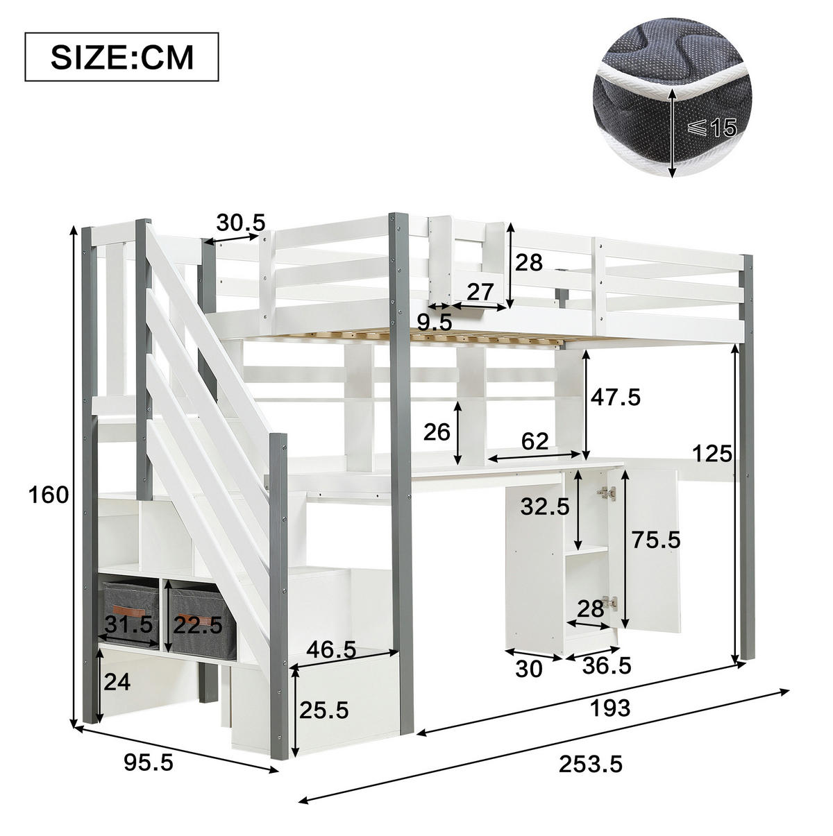 HOCHBETT 90/200 cm Weiß/Grau aus Massivholz und MDF mit Schreibtisch und Stauraum - Weiß, Holz (90/200cm) - OKMYHOME