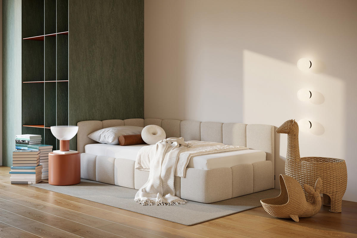 POLSTERBETT AURO mit Bettkasten, Einzelbett, links - 90x200 cm - Kaschmir/Beige, Holz/Textil (90/200cm) - mybed.