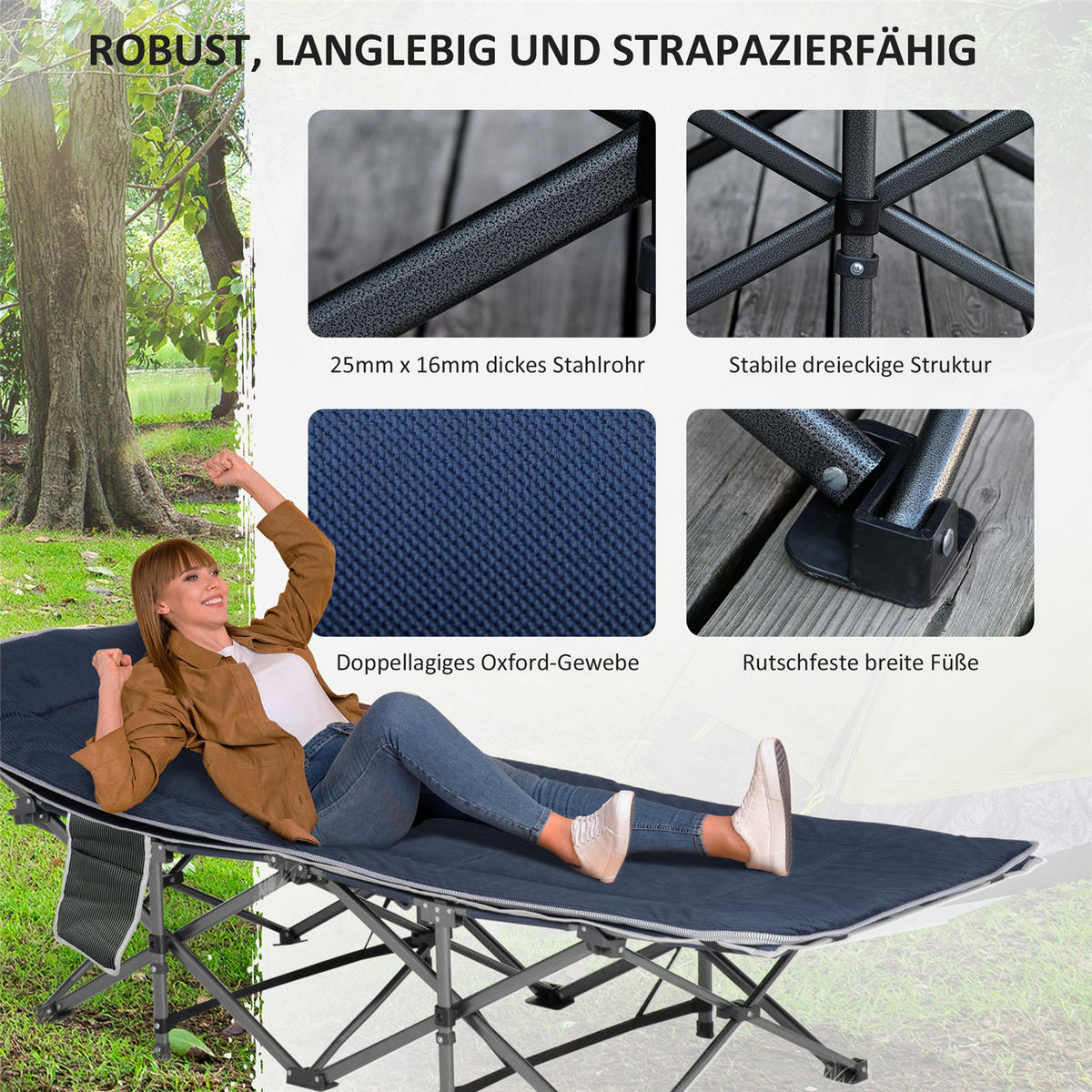 LIEGESTUHL Campingbett klappbar 150 kg Dunkelblau 188/64,5/53 cm - Dunkelblau, Metall (64.5/188cm) - Kaket