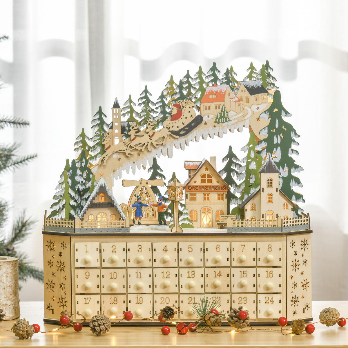 ADVENTSKALENDER zum Befüllen, 24 Schubladen Fächer, mit LED-Lichtern, Naturholz - Naturfarben, Kunststoff (13/43/45cm) - HOMCOM